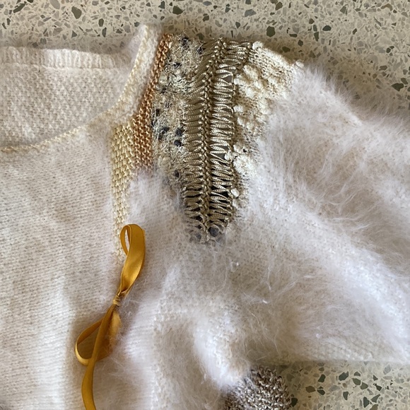 VINTAGE HANDMADE Multi Textile Knitted Sweater White Medium Eclectic Jumper - Picture 3 of 5